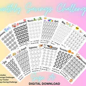 Monthly Savings Challenge Trackers & Cash Envelopes | A6 Mini Savings Challenge Bundle | Savings Challenge Printable | Savings Tracker