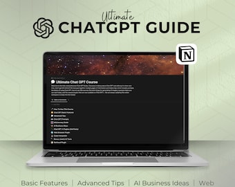 Puede incluir: Una pantalla de computadora portátil que muestra un fondo oscuro con una lista de temas relacionados con ChatGPT. El título de la página es "Ultimate Chat GPT Course". El texto "Ultimate ChatGPT Guide" se muestra en letras blancas grandes en la parte superior de la pantalla. La pantalla está rodeada de un patrón geométrico verde y blanco.