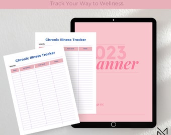 Op de afbeelding: Een roze digitale tablet met de tekst "Chronic Illness Planner" en "Track Your Way to Wellness" op het scherm. De tablet toont een printbare planner met de tekst "Chronic Illness Tracker" en een tabel met kolommen voor datum, symptomen, pijnniveau en notities.