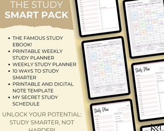 Könnte beinhalten: Ein digitales Studienplaner-Paket mit dem Text "The Study Smart Pack" und einer Liste von Funktionen, darunter ein druckbarer wöchentlicher Studienplaner, ein wöchentlicher Studienplan und eine Notizvorlage. Das Paket soll Studenten helfen, intelligenter zu lernen, nicht härter.