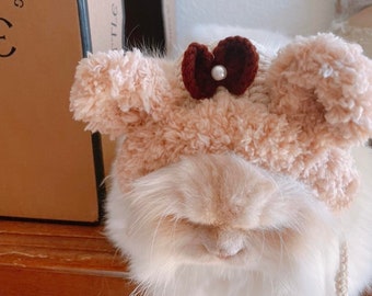 Brown Bear with a bow hat for cats or small animals (brown bear, cat accessories, small animal accessories, cat gifts, knitted, yarn, hat)