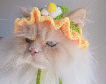 Green Sunflower Hat for cats (cat accessories, small animal accessories, cat gifts, knitted, yarn, cat hat, hats)