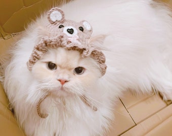 Bear Hat for cat or samll animal (light brown, cat accessories, small animal accessories, cat gifts, knitted, yarn, hat)