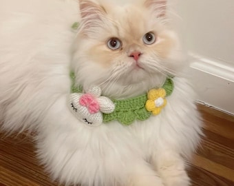 Bunny and flower collar in blue, green, or pink, collar for cat or small animal (cat accessories, cat collar, small animal accessories)