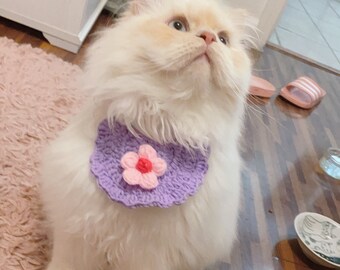 Purple knitted bib with 2 different flowers, yellow or pink (cat, cat bib,cat accessories, cat gifts, knitted, yarn, collars)