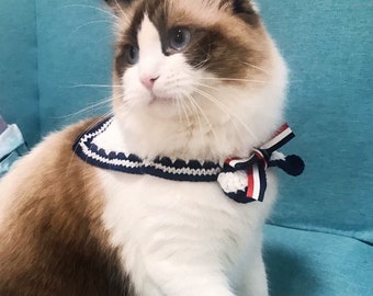 Sailor style knitted yarn cat collar / bib ( cat accessories, small animal accessories, cat gifts, knitted, yarn, collars)