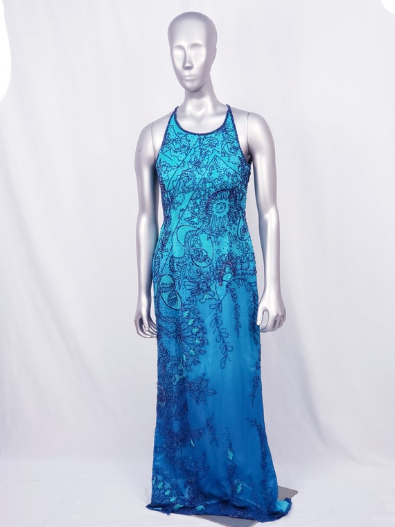 Blue and teal beaded  halter top floor length even