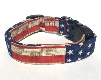 Blue Flower Dog Collar; Patriotic Flower Dog Collar Stars and Stripes White Red