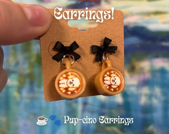 Pup-cino Earrings | Kawaii Latte Art Coffee Cup Earrings | Black Bow Stud Earrings | Cute Coffee Lover Jewelry