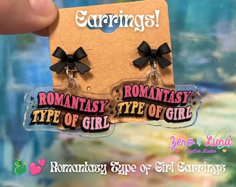 Romantasy Type of Girl Earrings | Bold Text Acrylic Charm Earrings | Black Bow Stud Earrings | Fantasy Romance Jewelry