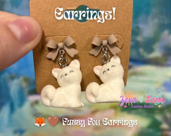 Fuzzy Fox Earrings | Flocked White Fox Dangle Earrings | Taupe Bow Stud Earrings | Cute Plush-Look Jewelry
