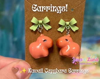 Kawaii Capybara Earrings | Cute Capybara Bow Stud Earrings | Green or Pink Bow Earrings | Cottagecore Animal Jewelry