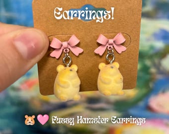 Fuzzy Hamster Earrings | Flocked Yellow Hamster Dangle Earrings | Pink Bow Stud Earrings | Cute Plush-Look Jewelry