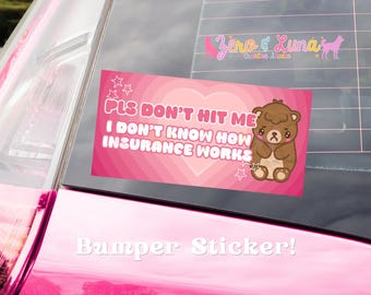 Pls Don't Hit Me Bumper Sticker | Funny Bear Insurance Meme Car Decal | 7.5" Vinyl Sticker | Funny Car Sticker