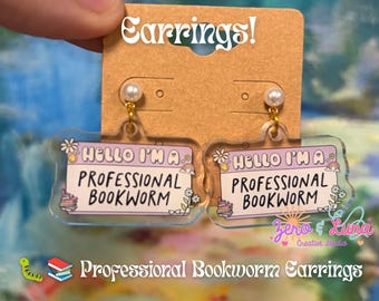Professional Bookworm Earrings | Acrylic Name Tag Charm Earrings | Pearl Stud Earrings | Bookish Jewelry