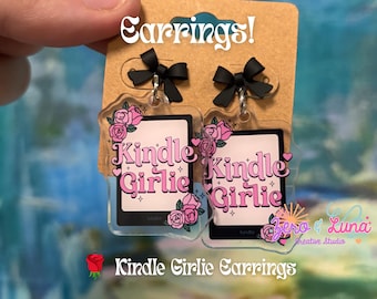 Kindle Girlie Earrings | Acrylic E-Reader Charm Dangle Earrings | Black Bow Stud Earrings | Bookish Jewelry