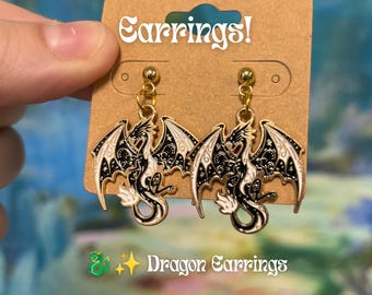 Dragon Earrings | Fantasy Metal Dragon Dangle Earrings | Gold Bead Stud Earrings | Bookish Fantasy Jewelry