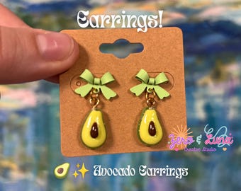 Avocado Earrings | Kawaii Avocado Dangle Earrings | Green Bow Stud Earrings | Cute Fruit Jewelry
