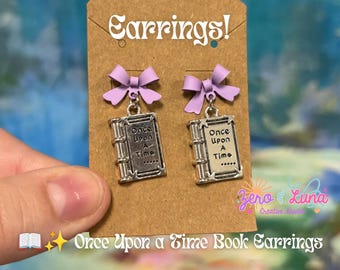 Once Upon a Time Book Earrings | Fairytale Storybook Dangle Earrings | Purple Bow Stud Earrings | Bookish Jewelry