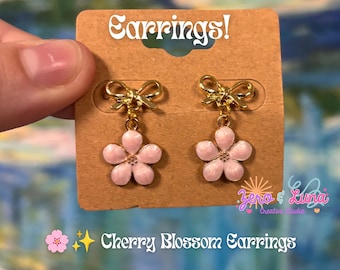 Cherry Blossom Earrings | Enamel Sakura Dangle Earrings | Gold Bow Stud Earrings | Delicate Floral Jewelry