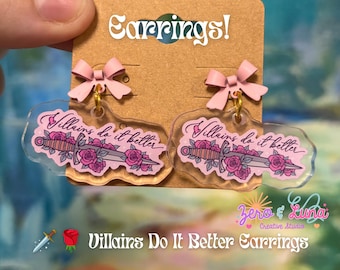 Villains Do It Better Earrings | Acrylic Dagger and Rose Dangle Earrings | Pink Bow Stud Earrings | Dark Romance Jewelry