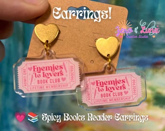 Enemies to Lovers Book Club Earrings | Acrylic Ticket Charm Dangle Earrings | Gold Heart Stud Earrings | Bookish Jewelry