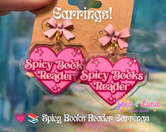 Spicy Books Reader Earrings | Acrylic Heart Charm Dangle Earrings | Pink Bow Stud Earrings | Bookish Jewelry