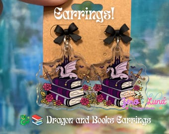 Dragon and Books Earrings | Fantasy Acrylic Charm Dangle Earrings | Black Bow Stud Earrings | Bookish Jewelry