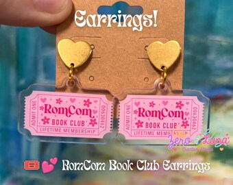 RomCom Book Club Earrings | Acrylic Ticket Charm Dangle Earrings | Gold Heart Stud Earrings | Bookish Jewelry
