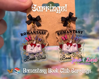 Romantasy Book Club Earrings | Acrylic Charm Dangle Earrings | Black Bow Stud Earrings | Fantasy Romance Jewelry