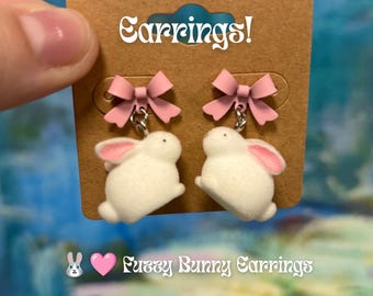 Fuzzy Bunny Earrings | Flocked White Bunny Dangle Earrings | Pink Bow Stud Earrings | Cute Plush-Look Jewelry