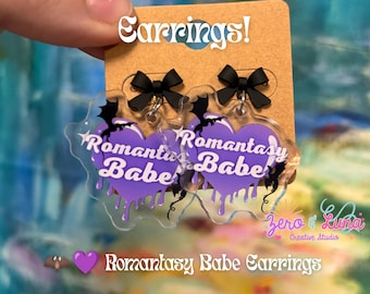 Romantasy Babe Earrings | Acrylic Dripping Heart Charm Earrings | Black Bow Stud Earrings | Fantasy Romance Jewelry