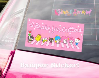 I Brake for Critters Bumper Sticker | Cute Kitty Character Crossing Car Decal | 7.5" Vinyl Sticker | Funny Car Sticker
