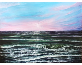 Original Malerei Meer maritime Wandkunst mit Mängel  80x60cm, handgemalt auf  Leinwand - Soft Sunset