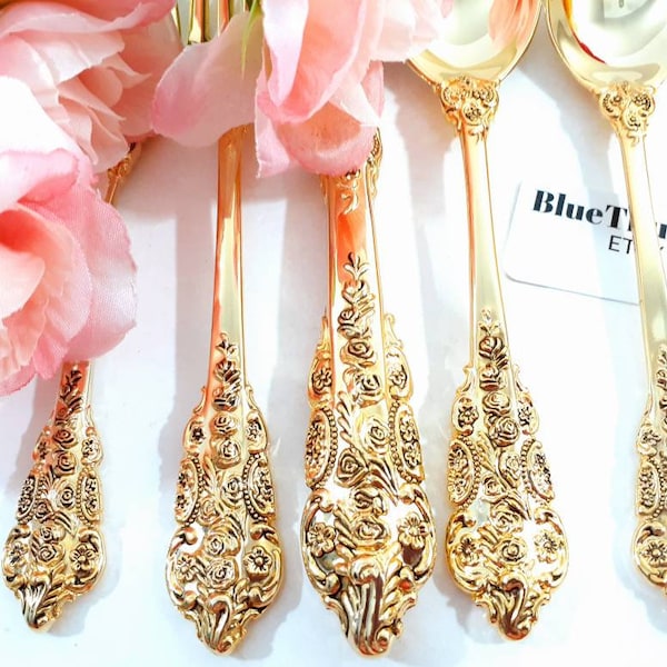 20 Pcs Gold Flatware Rogers Grande  Antique  Service for 4 Fancy Flatware Stainless Knife Spoon Fork Salad Fork  Teaspoon