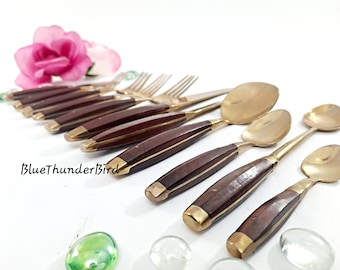 Service for 6 Vintage Mid-century Modern Flatware Brass and Wood Flatware and Teak Flatware Flatware Set MCM Flatware