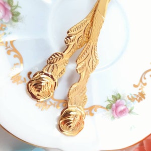 NOS!2Pcs Gold Flatware Spoon Teaspoon/Fork Set Demitasse Demi 24K Gold Rose Dessert Fork Gold Plated Vintag Flatware