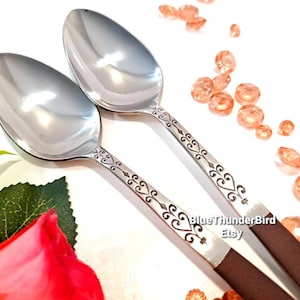 NOS!2 Pc Vintage  Soup Spoons  Interpur Stainless Steel Flatware  Mid Century Scandinavian Heart MCM Flatware