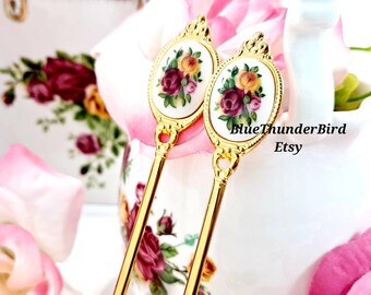 2Pcs  Gold Flatware  Gold Spoon Royal Albert  Old Country Roses Porcelain Insert  Flowers  Vintage Flatware