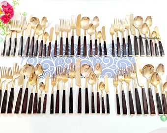 Vintage Brass Flatware Mid-century Modern Flatware Brass and Wood Flatware Teak Flatware Service For 6 60PC MCM Flatware