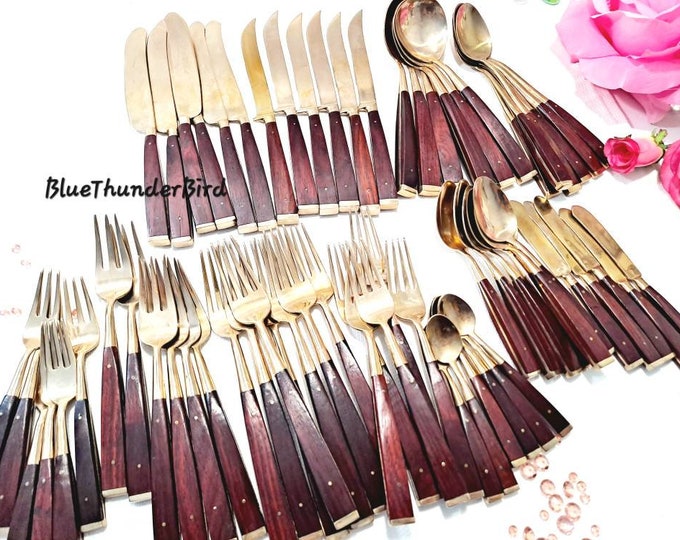 Vintage Brass Flatware Midcentury Modern Flatware Brass and Wood