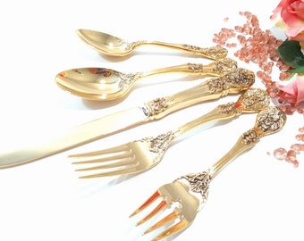 NIP!20Pcs Gold Flatware Rogers French Rose Fancy Flatware Service for 4 Dinner Fork Knive Salad Fork Spoon Teaspoon Fancy Rose Flatware Set