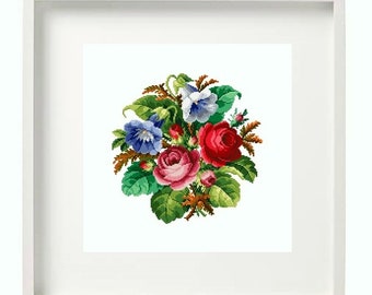 Roses and Gloxinia  Flowers Cross Stitch Pattern. PDF. Vintage Bouquet . Floral cross stitch