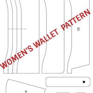 May include: A black and white line drawing pattern for a wallet. The pattern includes five pieces, four of which are marked "x4" and one marked "30x30". The pattern is labeled "Women's Wallet Pattern" and includes a PDF icon.