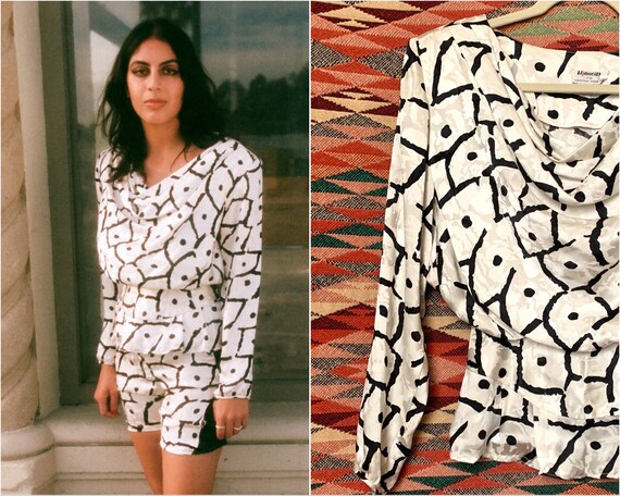 80s Glam Black and White Silk Peplum Blouse, Rewor