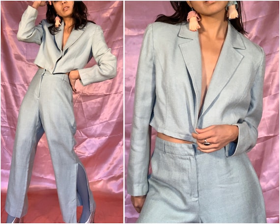 90s Light Blue Silk Pants Suit, Reworked Cropped B
