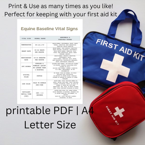 Equine First Aid Printable Vital Signs Chart | Horse First Aid Kit Accessory | Keep In The Horse Trailer And Tack Room