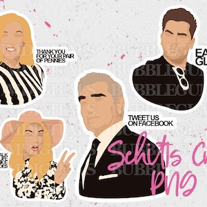 Puede incluir: Cuatro pegatinas coloridas con personajes del programa de televisión Schitt's Creek. Las pegatinas muestran el texto "Gracias por tu par de peniques", "Come vidrio", "Camino por la vida con zapatos realmente bonitos", y "Twittea en Facebook Schitt's Creek Png".