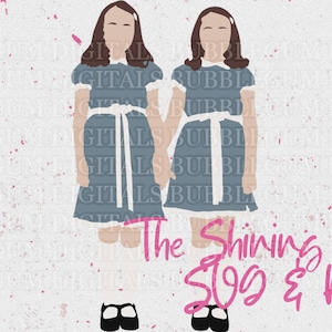 Puede incluir: Dos chicas con vestidos azules, cuellos y cintas blancas, se encuentran de pie lado a lado, tomadas de la mano. Tienen el pelo largo y oscuro y miran hacia adelante. El texto "The Shining Twins 50g & png" está escrito en rosa debajo de ellas.