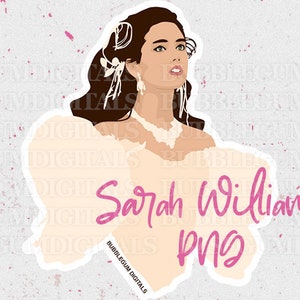May include: A sticker featuring a stylized illustration of Sarah Williams in a cream-colored gown. The text "Sarah Williams PNG" is written in pink cursive. The background is a speckled, light gray.